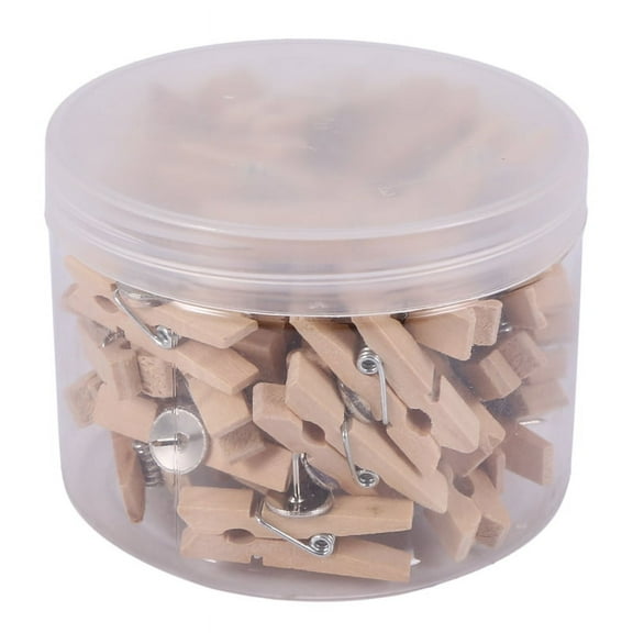 Push Pins With Wooden Clips 50Pcs Thumbtacks Pushpins Paper Clips Clothespins Natural Color for Cork Board and Photo Wall Offices Home Schools Use