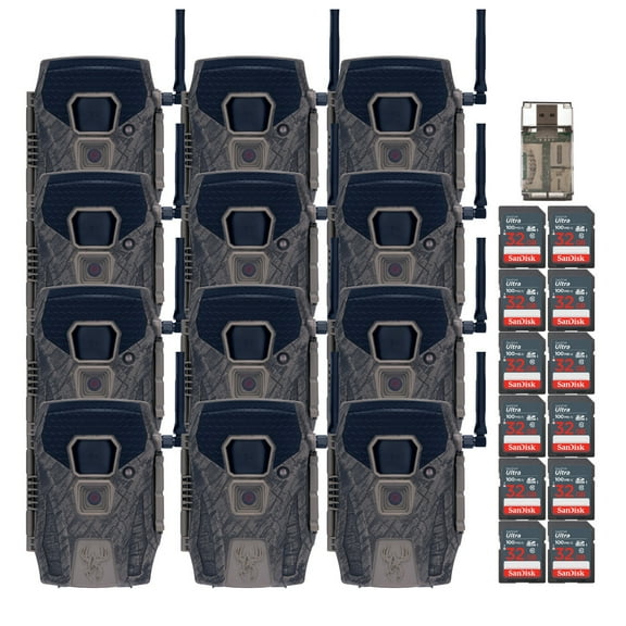 Wildgame Innovations Terra XT 2.0 24MP Three Cellular Trail Cameras (4-Pack) Bundle with 32GB Ultra SDHC UHS-I Memory Card (100MBps) (12-Pack), and All-In-One High-Speed Card Reader (17 Items)