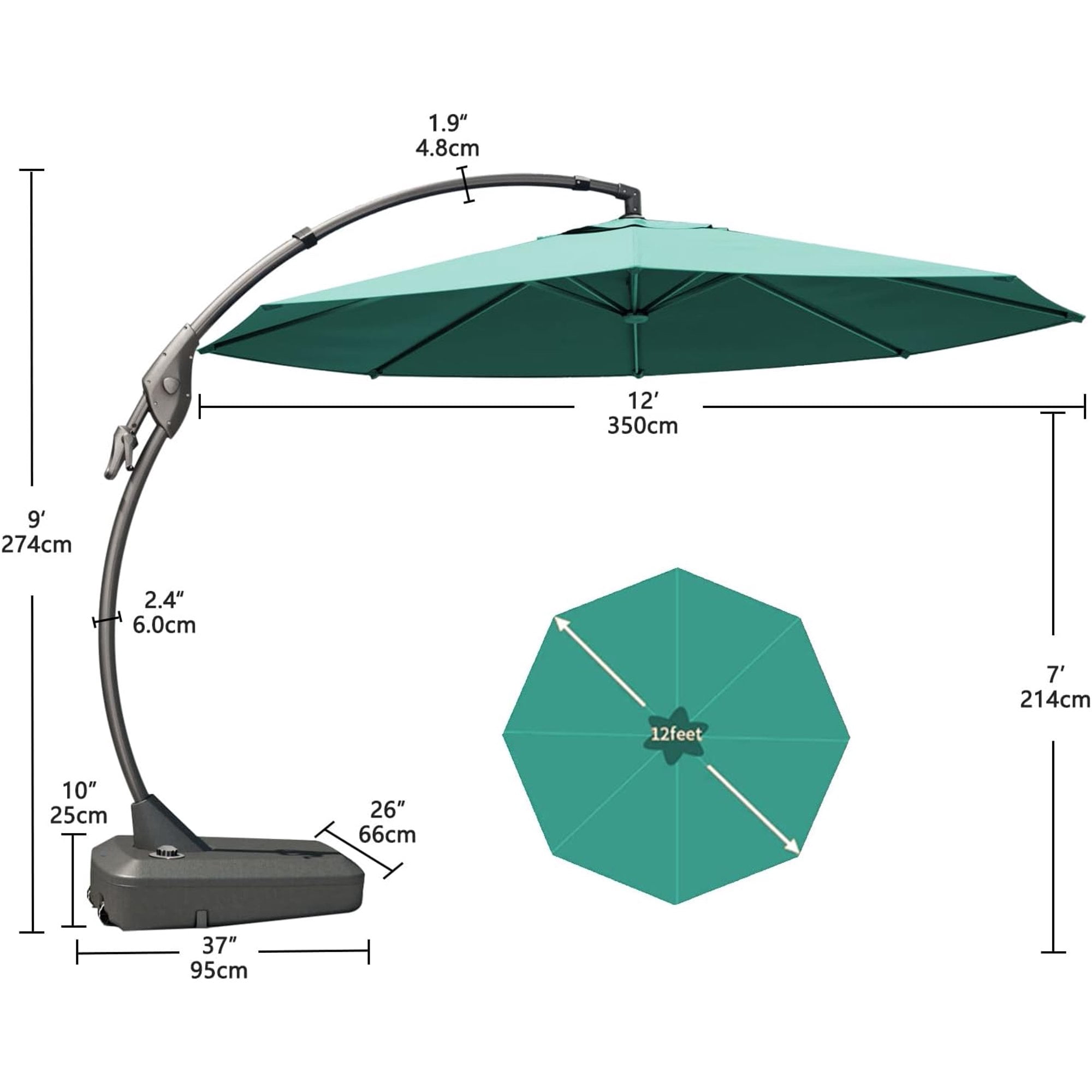 GRANDPATIO Napoli SUNBRELLA 12Ft Round Canteliver Patio Umbrella with Base, Canvas Aruba