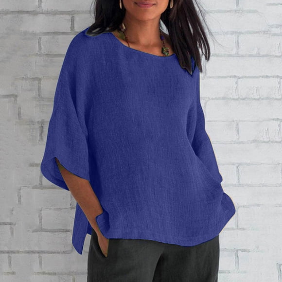 3/4 Sleeve Shirts For Women,Fashion Women New Style Cotton Linen Solid Color Shirts Loose Fit Crewneck Blouses Summer Casual Ladies Tops