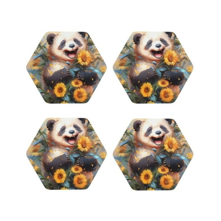 

Matuu Elegant Cute Panda Sunflower for Cup Coasters Set of 4 Leather Coasters Desk Coasters for Office Measures 4” x 4”-Hexagon