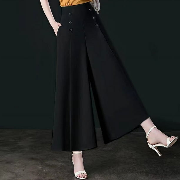Pantalones de falda de cintura alta para mujer en tallas grandes, cintura elástica, corte holgado, sensación de caída, piernas anchas, pantalones de nueve puntos, pantalones de mamá