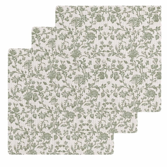 Spring Flowers Kitchen Dish Towels for Drying Dishes Set of 3, Farmhouse Sage Green Pastoral Floral Leaf Waffle Weave Microfiber Hand Tea Bathroom Towels Quick Dry & Absorbent Towel 12x12