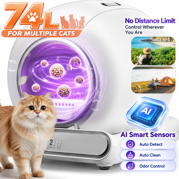 Self Cleaning Litter Box, Automatic Cat Litter Box for Multiple Cats, 65L 9L Large Capacity, 2 Rolls Liner, Negative ion Deodorization, APP Control, Toilet Monitorin, White