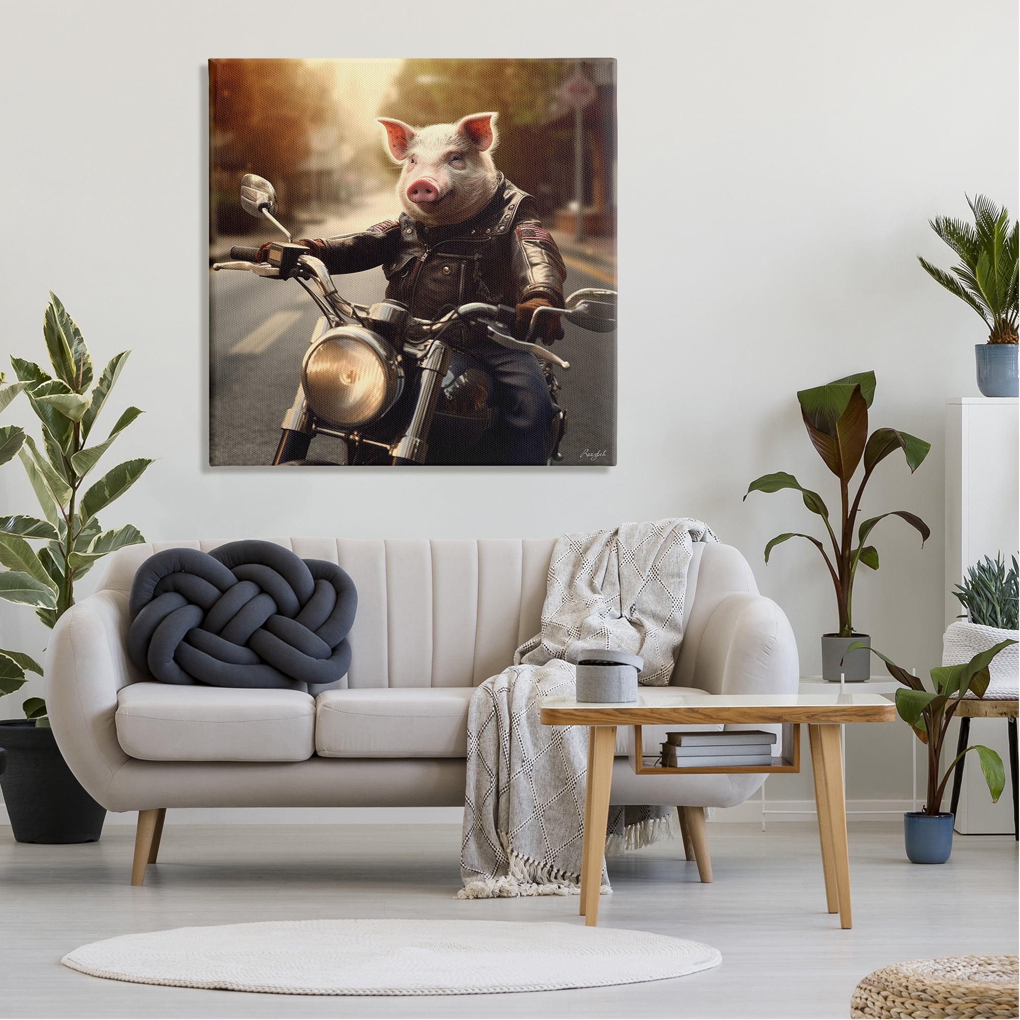 Stupell Industries Pig Riding Motorcycle Animals & Insects Painting Gallery Wrapped Canvas Art Print Wall Art, 36 x 36