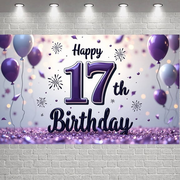 Purple Theme 17th Birthday Banner Balloon Decor  Display Firework Design Glitter Accent 17th Birthday Backdrop for 17th Birthday Party Teen Celebration Indoor Party