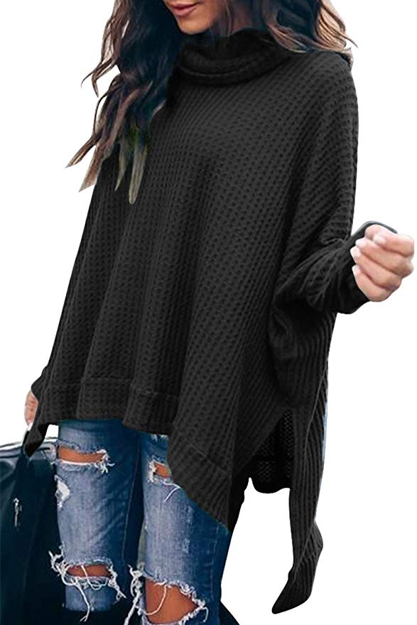 Lynwitkui Women Waffle Knit Blouse Long Bell Sleeve Oversized Side Slit High Low Hem Pullover Sweater 
