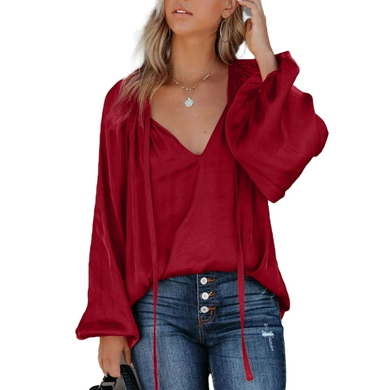 Womens Silk Shirts V Neck Long Sleeve Dressy Formal Going out Tops for  Women Solid Color Blouse Shirt 