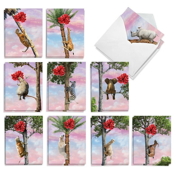 The Best Card Company 20 Assorted Valentine's Day Note Cards Boxed Set 4 x 5.12 Inch with Envelopes (10 Designs, 2 Each) Tree Animals AM10323VDG-B2x10
