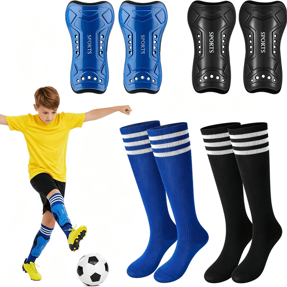 BESTSKY 2 Pack Kids Soccer Shin Guards Soccer Socks Protective Shin Pads Adjustable Straps for 6-10 Years Old Games Training Soccer Socks Kids
