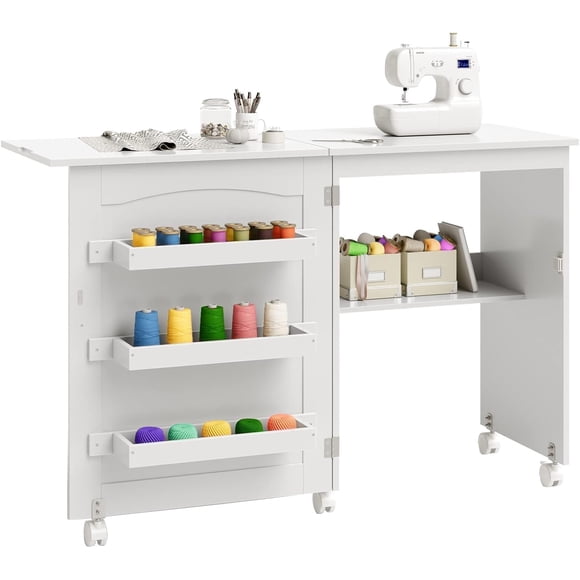 Mesa de Coser Plegable, Multiusos, para máquina de Coser con diseño Compacto, Ruedas, estantes, bandejas de Almacenamiento, Clavijas de Madera y Puertas magnéticas, clóset de computadora para