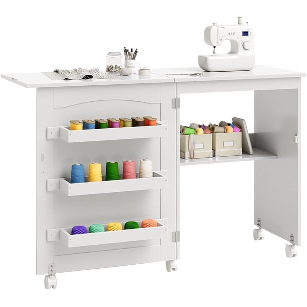 Mesa de Coser Plegable, Multiusos, para máquina de Coser con diseño Compacto, Ruedas, estantes, bandejas de Almacenamiento, Clavijas de Madera y Puertas magnéticas, clóset de computadora para