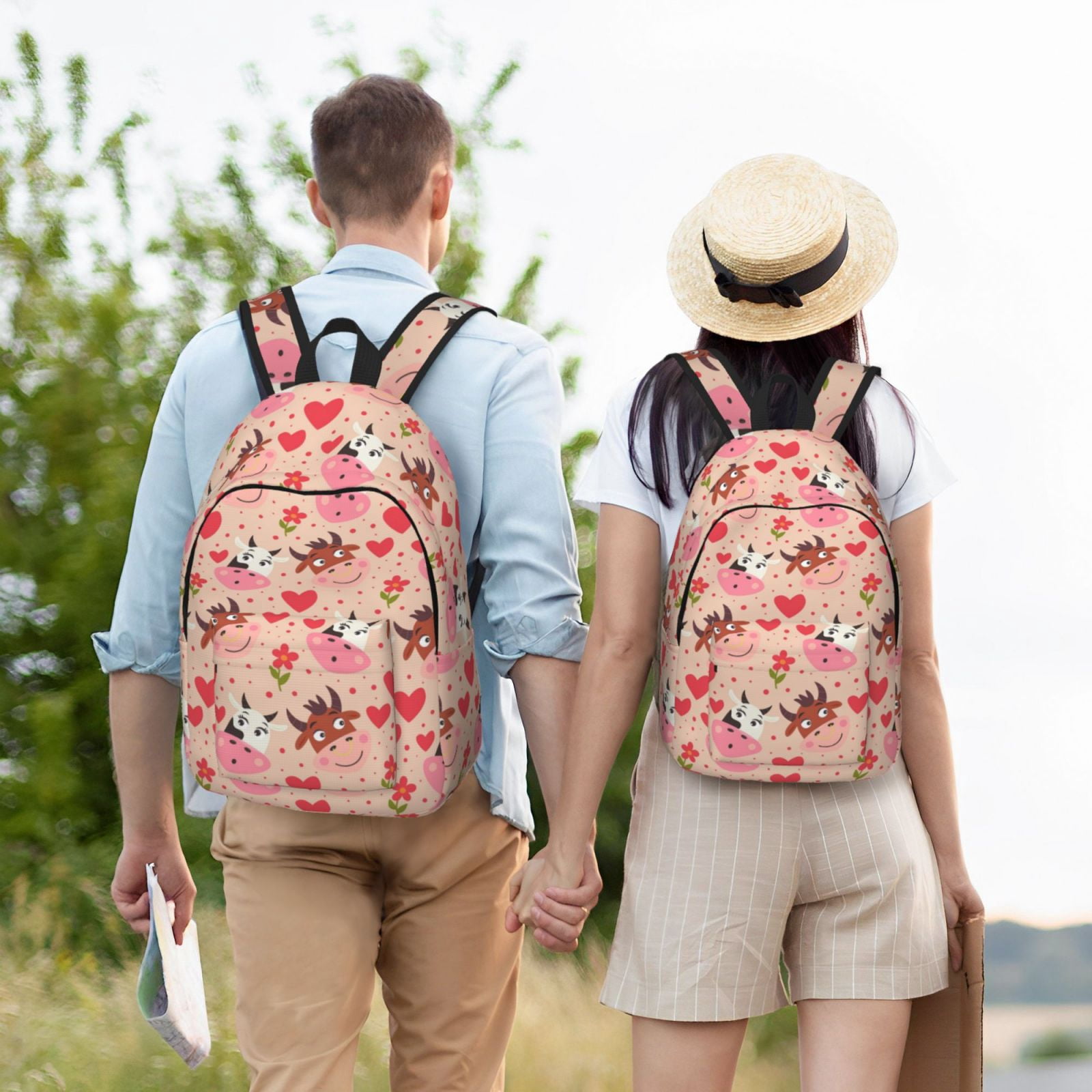 Picia Cow Flower And Heart Printed Canvas Daypack - Stylish and Durable Vintage Compact Backpack - Class, Work, Travel, or Laptop Bookbag,Organized Compartments-Medium