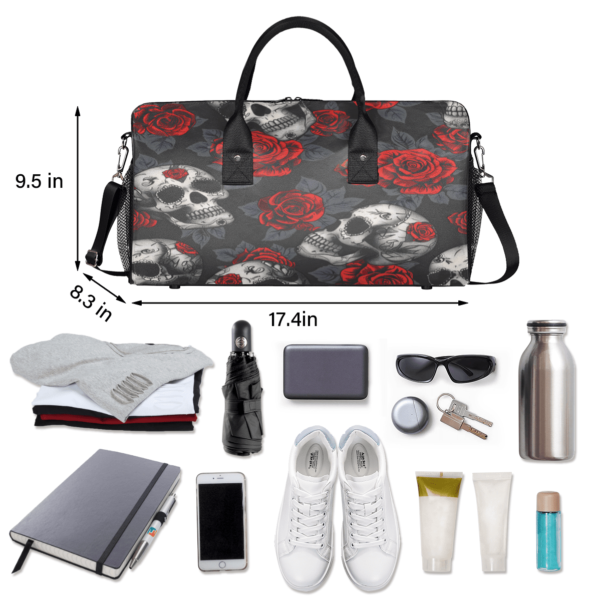 Herdesigns Skulls And Roses Gym Duffle Bag for Men Women, Travel Sports Bag Waterproof Lightweight Weekend Carry On Tote