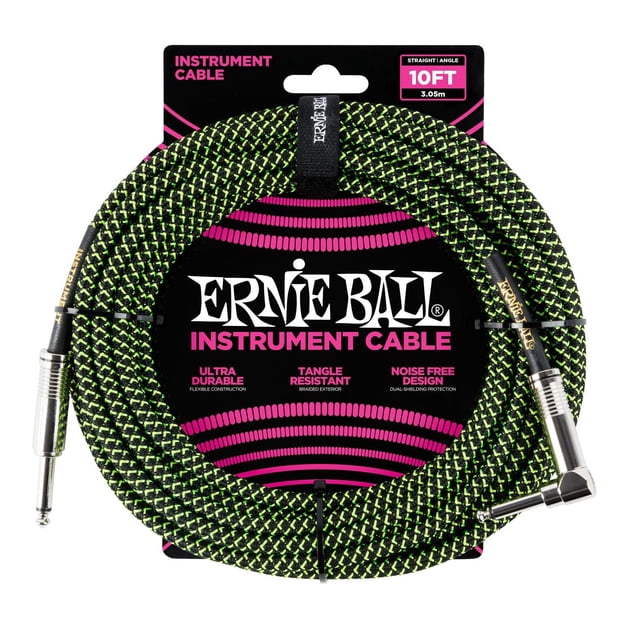 Cable Trenzado para Instrumentos Ernie Ball Negro y Verde 3 m Recto/acodado