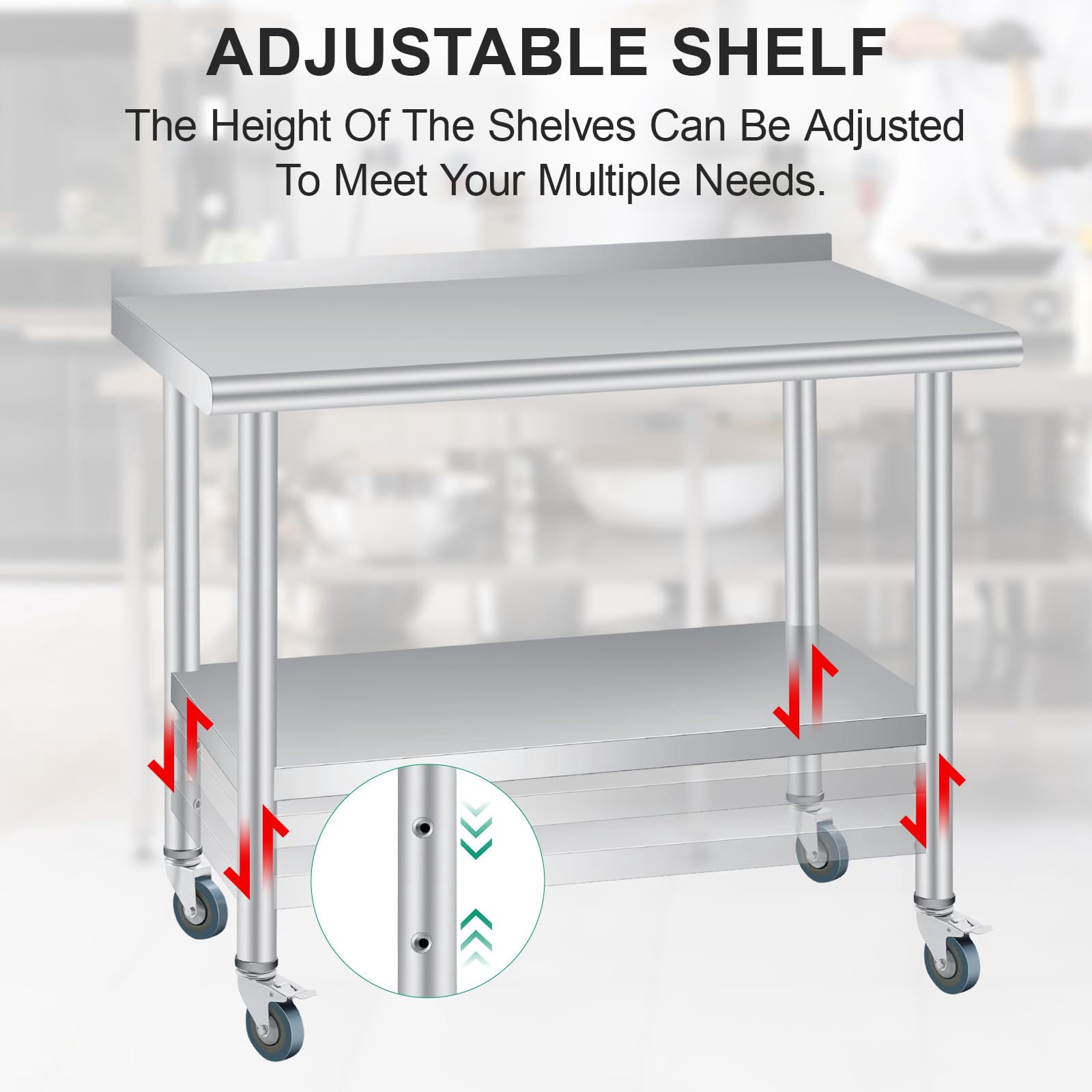 Stainless Steel Table for Prep & Work, 48x24 Inches Heavy Duty Commercial Table with Adjustable Undershelf and Backsplash, Prep Table with Caster Wheels for Restaurant Kitchen Home and Hotel