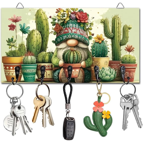 Cactus Gnomes Key Holder Key Hooks Wall Mounted Wooden Key Racks with 5 Hooks Key Storage Organizer House Key Hanger