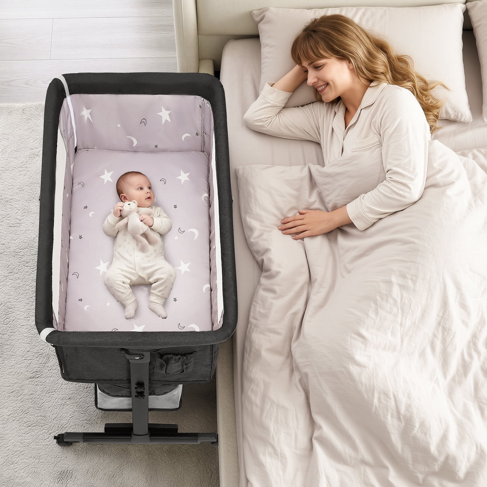kmaier Baby Bassinet Bedside Crib Foldable Portable  with Adjustable Height, Wheels and Storage Basket,Dark Gray