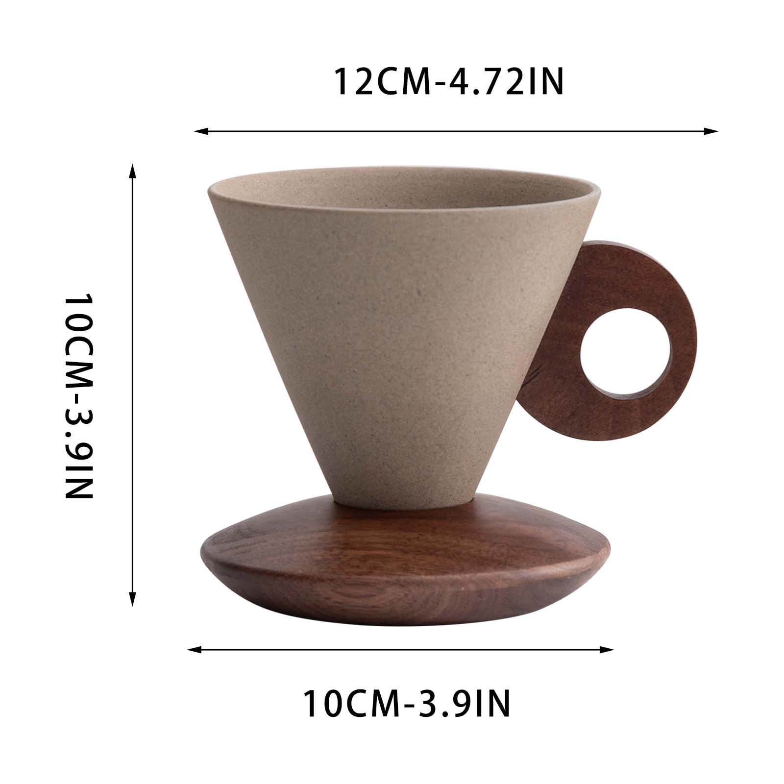 Elegant Conical Ceramic Coffee Cup with Solid Wood Base, Vintage Coarse Pottery Funnel-Shaped Mug for Home, Handcrafted Heat-Resistant Tea Coffee Cup, Pour-Over Espresso Brewing Mug, 200ml