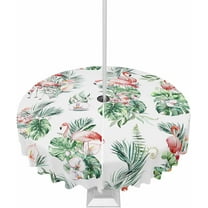 Summer Flamingo Outdoor Tablecloth - 60 Inch Round Dining Table Cover, Green Palm Leaf Tropical Waterproof Outdoor Table Cloth with Umbrella Hole & Zipper for Picnic/Patio/Party