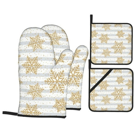 

Oven Mitts and Pot Holders 4 pcs Set Gold Snowflake Heat Resistant Pot Holders Oven Mitts for kitchen Non-Slip Hanging Loop Oven Glove Potholders for Baking Cooking