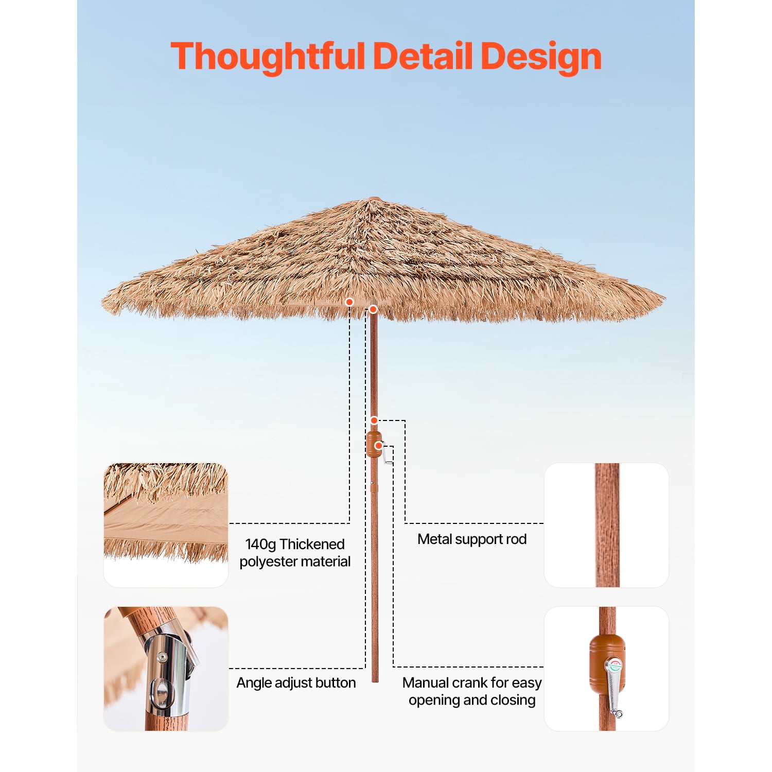 KFFKFF 9 ft Thatched Patio Umbrella with Tilt, Hawaiian-Style Beach Parasol Featuring Durable PP Thatch and 8 Metal Ribs, Grass Umbrella for Poolside, Backyard, Garden, Patio, and Beach