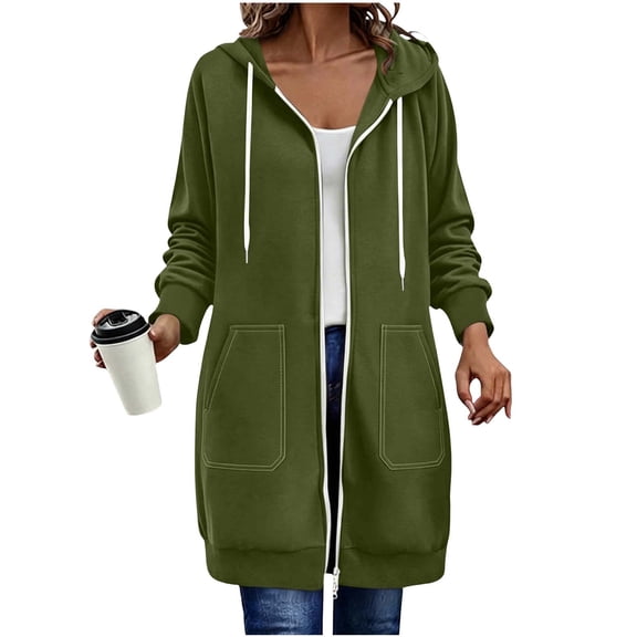 Qgtaibl Women Long Hooded Jacket Full Zip Long Sleeve Drawstring Hoodie Cardigan with Pocket Fall Oversized Casual Sweatshirt Coat Green XXL
