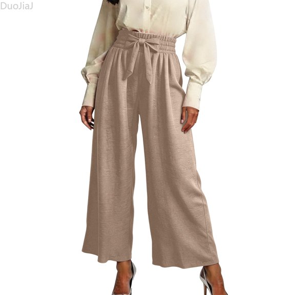 DuoJiaJ Womens Wide Leg Pants, High Waist with Pockets Tie Front Loose Beige L