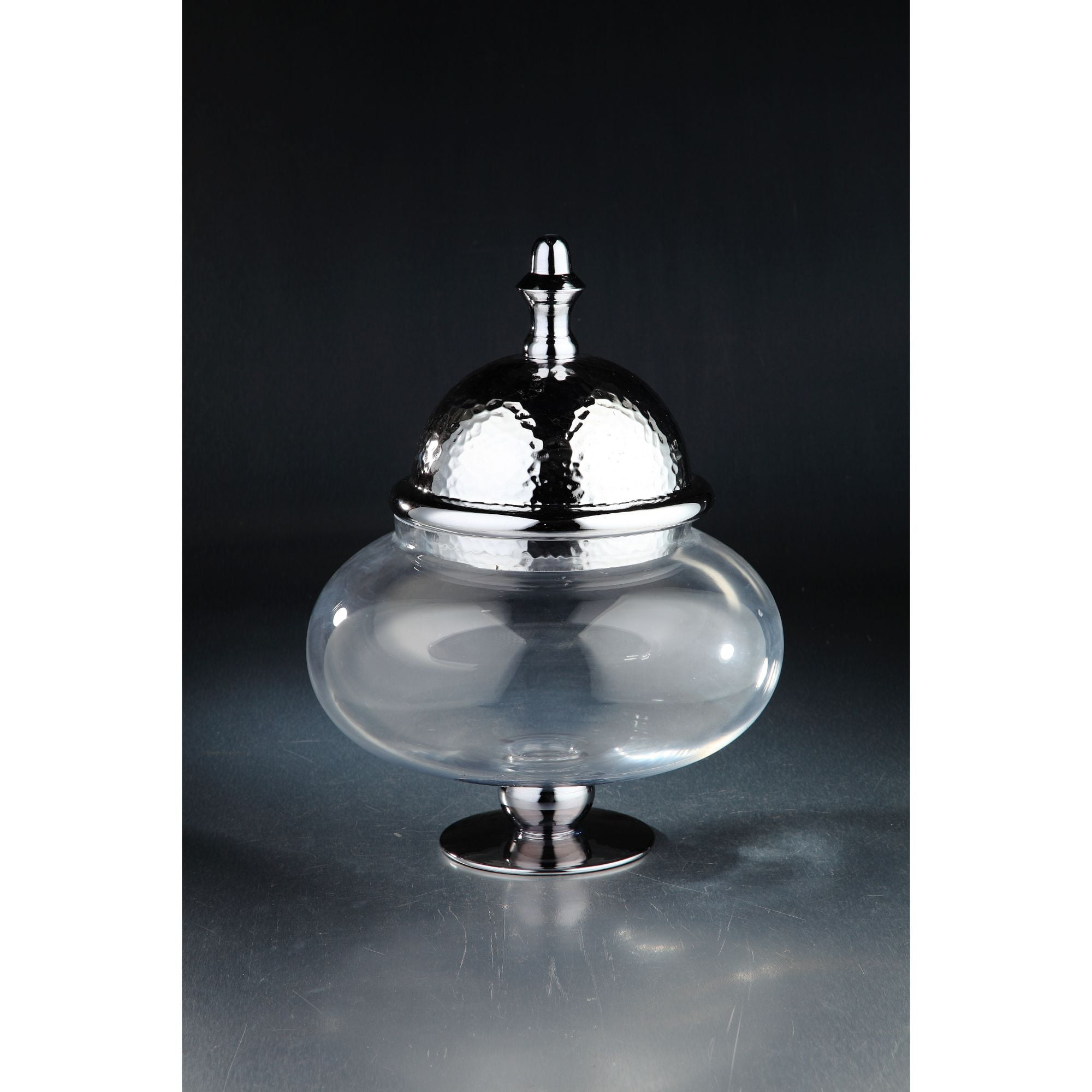 16.5" Clear Hand Blown Round Glass Jar with Silver Pedestal and Finial