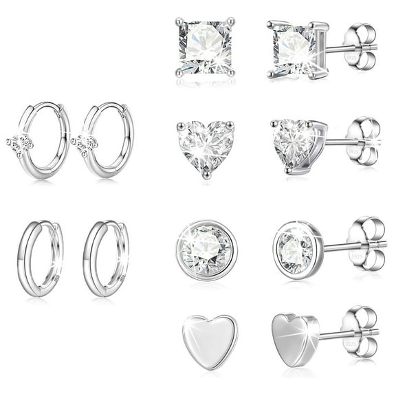 DORANA 6 Pairs 18K White Gold Plated Stud Earrings for Women Hypoallergenic CZ Post Hoop S925 Sterling Silver Earring Sets Birthday Valentines Day Jewelry Gifts Teen Girlfriend Wife Mom Her Age Ideas