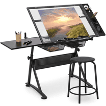 Qiushi Glass Drafting Desk with Adjustable Height and Chair, Black