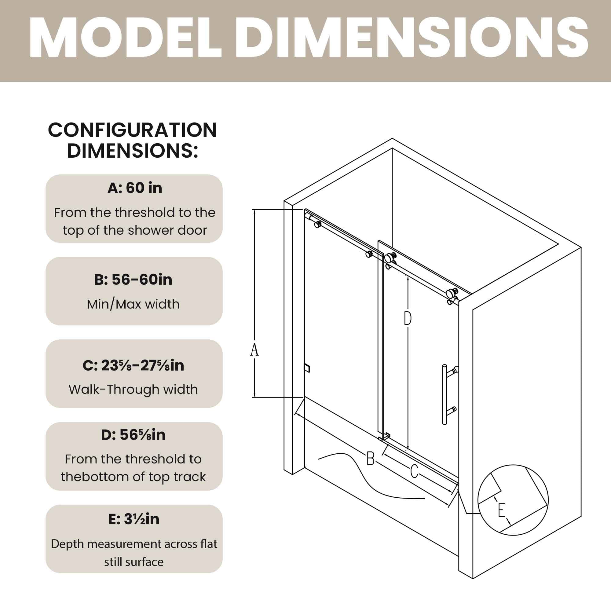 Leumius 56"-60"W X 60"H FramelessSingle Sliding Shower Door -5/16" (8mm) Clear TemperedGlass,Bypass Design,Matte Black