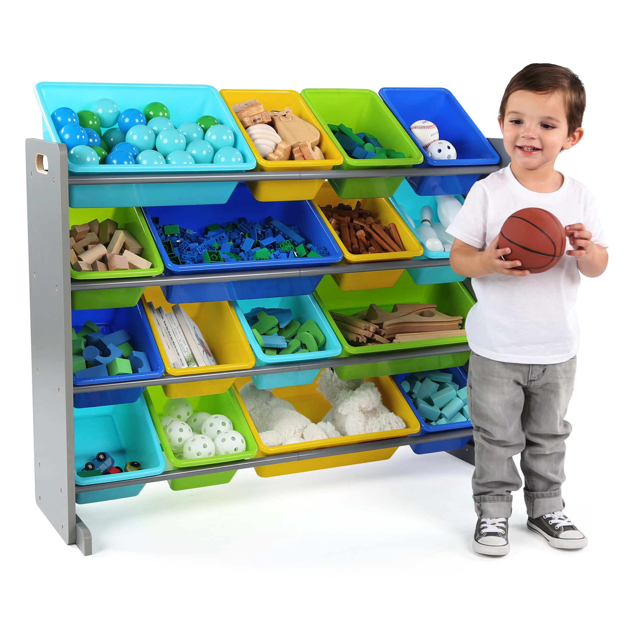 Humble Crew Storage Organizer with 16 Plastic Bins for Kids & Toddlers, Grey/Blue/Green/Yellow