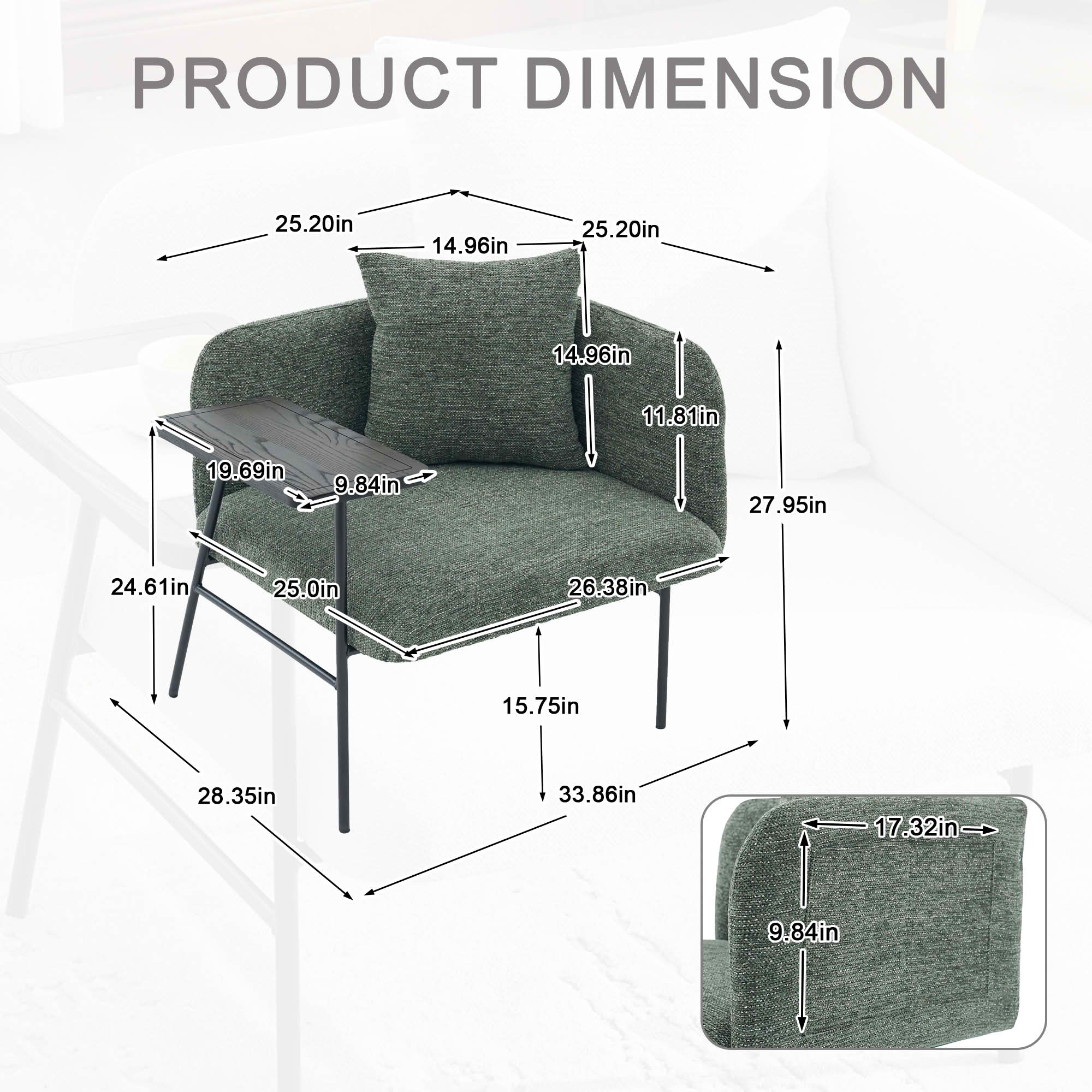 MAYEERTY Leisure Lounge Chair with Side Table & Back Pillow, Armchair, Emerald, Living Room Bedroom