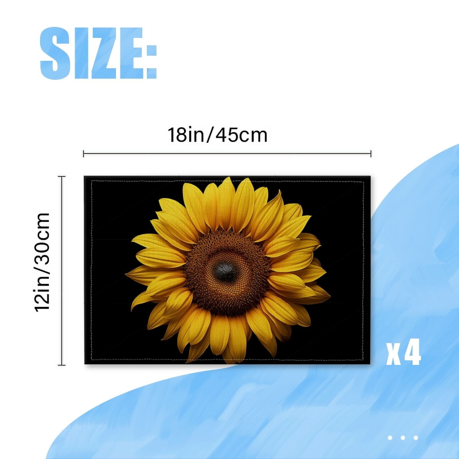 BaHomeck placemats Set of 4 rectangle Linen Cotton Placemats for Dining Table Washable Heat Resistant,18*12inch,Beautiful Sunflower Isolated On Black Background