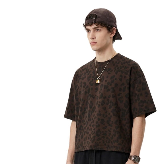 Men's Oversized Leopard Print T-Shirt, Relaxed Cotton Crewneck Streetwear Tee