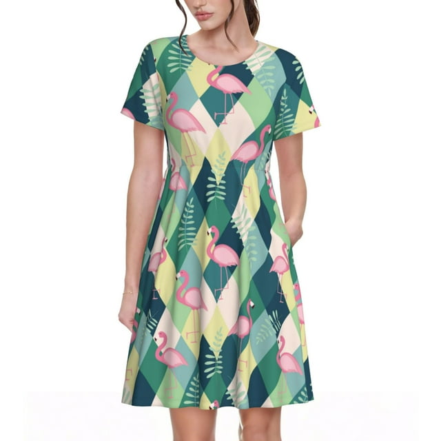 Saiise Robes d'Été Motif Flamant Rose pour Femmes T-Shirt Décontracté Manches Courtes Robe de Plage Florale avec Poches