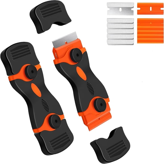 EXLEAF 2026 New 2 Pcs Plastic Razor Blade Scraper with 10 Replacement Razor Blades for Removing Labels,Paint,Stickers,Adhesives,Tar,Glues,Caulks