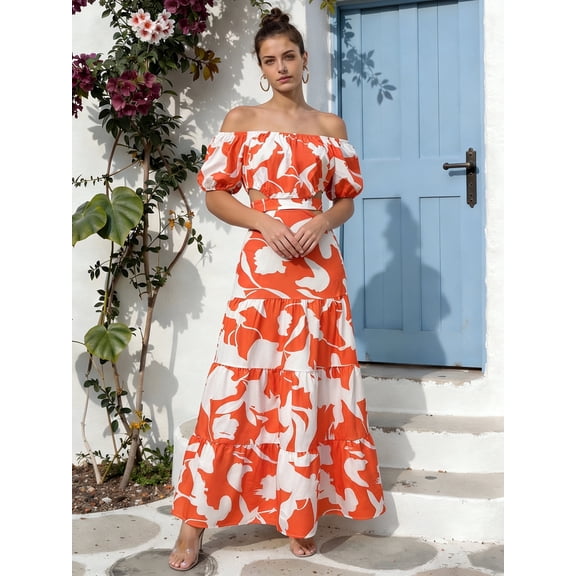 OYYN Dresses for Women Summer Casual Boho Dress Floral Print Chin Off Shoulder Maxi Beach Vacation Dresses