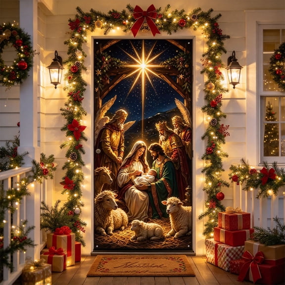 Christmas Door Curtain Holiday Decoration Banner 35.4x70.8in Polyester Washable Blue Red Green Yellow White for Entryway Kitchen Room Divider