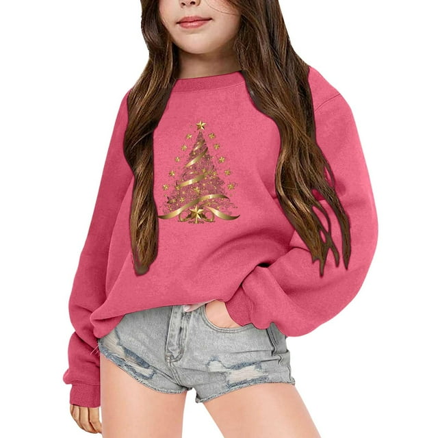 PMVFHDE Chandail Vintage pour Enfants Automne et Hiver à Manches Longues Mode Imprimé Col Rond pour Garçons et Filles Plus Manteau à Capuche Chaud Chandail Filles, Rose Vif, 4-5 Ans