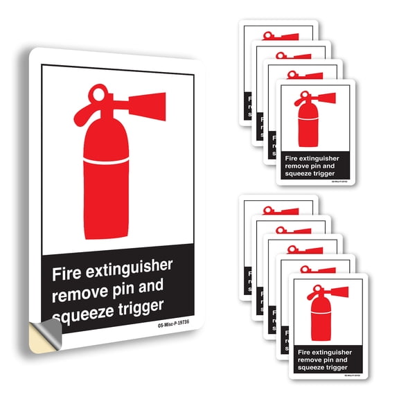 Fire Extinguisher Remove Pin And Squeeze Trigger ANSI Vinyl Decal Label 7 Inch x 5 Inch - 10 Pack