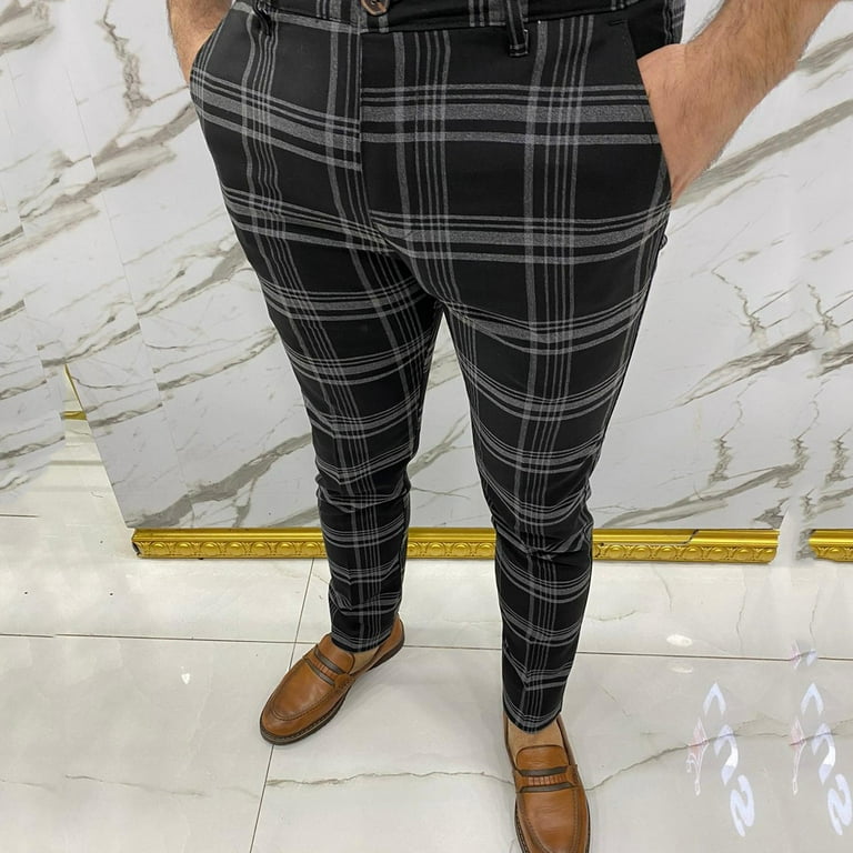 Mens Chinos Casual Pants Slim Fit Stretch Plaid Dress Pants for