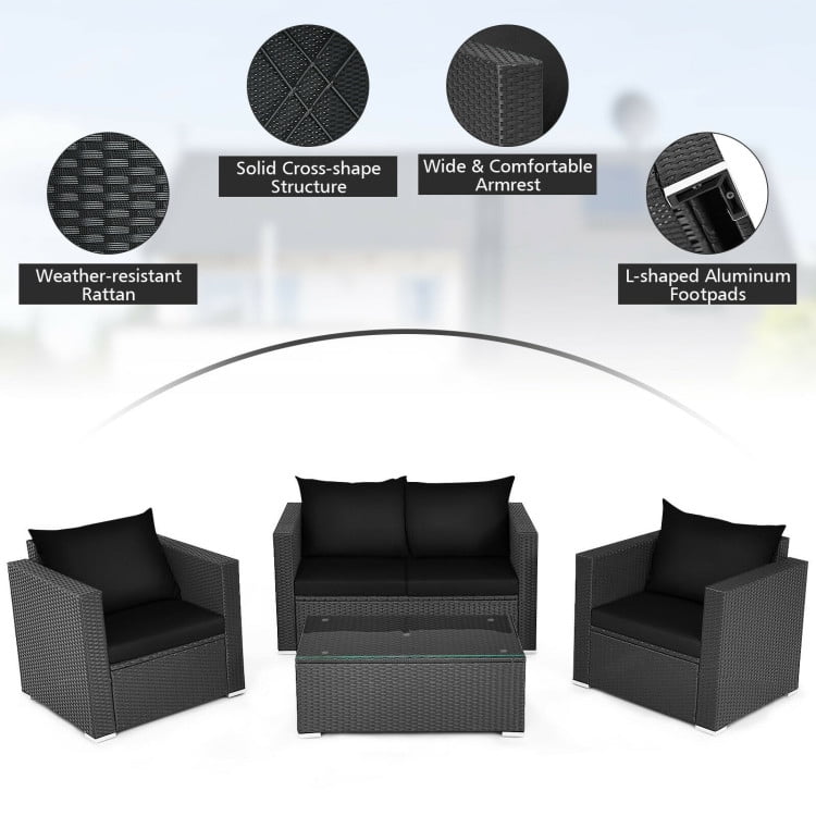 Aimee Lii 4 Pieces Patio Rattan Conversation Set, Small Patio Set with Padded Cushion and Tempered Glass Coffee Table, Black Aimee Lii 4 Pieces Patio Rattan Conversation Set, Small Patio Set with Padded Cushion and Tempered Glass Coffee Table, Black