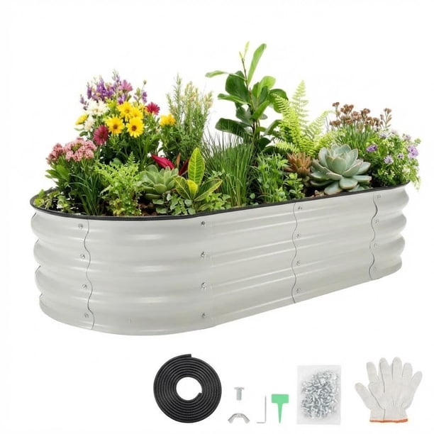 QinaQin Cama de cultivo galvanizada de 4x2x1 pies con base abierta y borde de goma, jardinera ovalada para flores, hierbas y vegetales, armado fácil