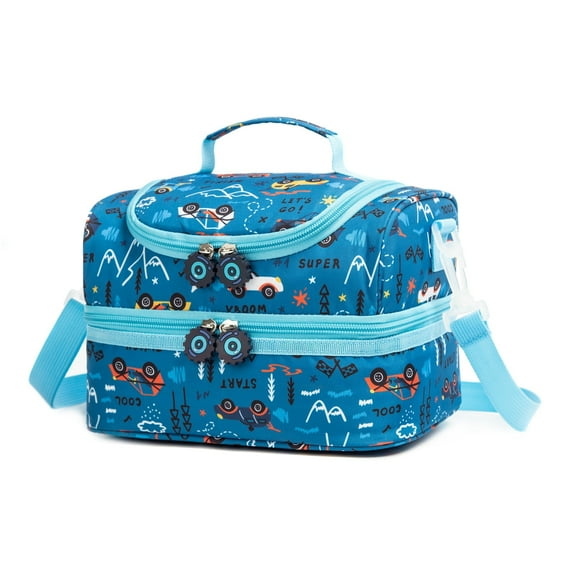 Khulula Kids Lunch Boxes Bag Insulated Double Decker Lunch Box Tote Pack for Girls Boys Toddler School Picnic Food Cooler Hot Water Ice With Strap Blue Car