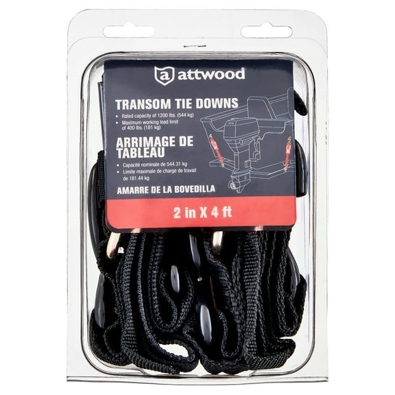 Attwood 15232-7 Quick-Release Transom Tie-Down Straps, Trailering, Padded Adjustable Buckle, S-Hooks, 2 Inches Wide, 4 Feet Long
