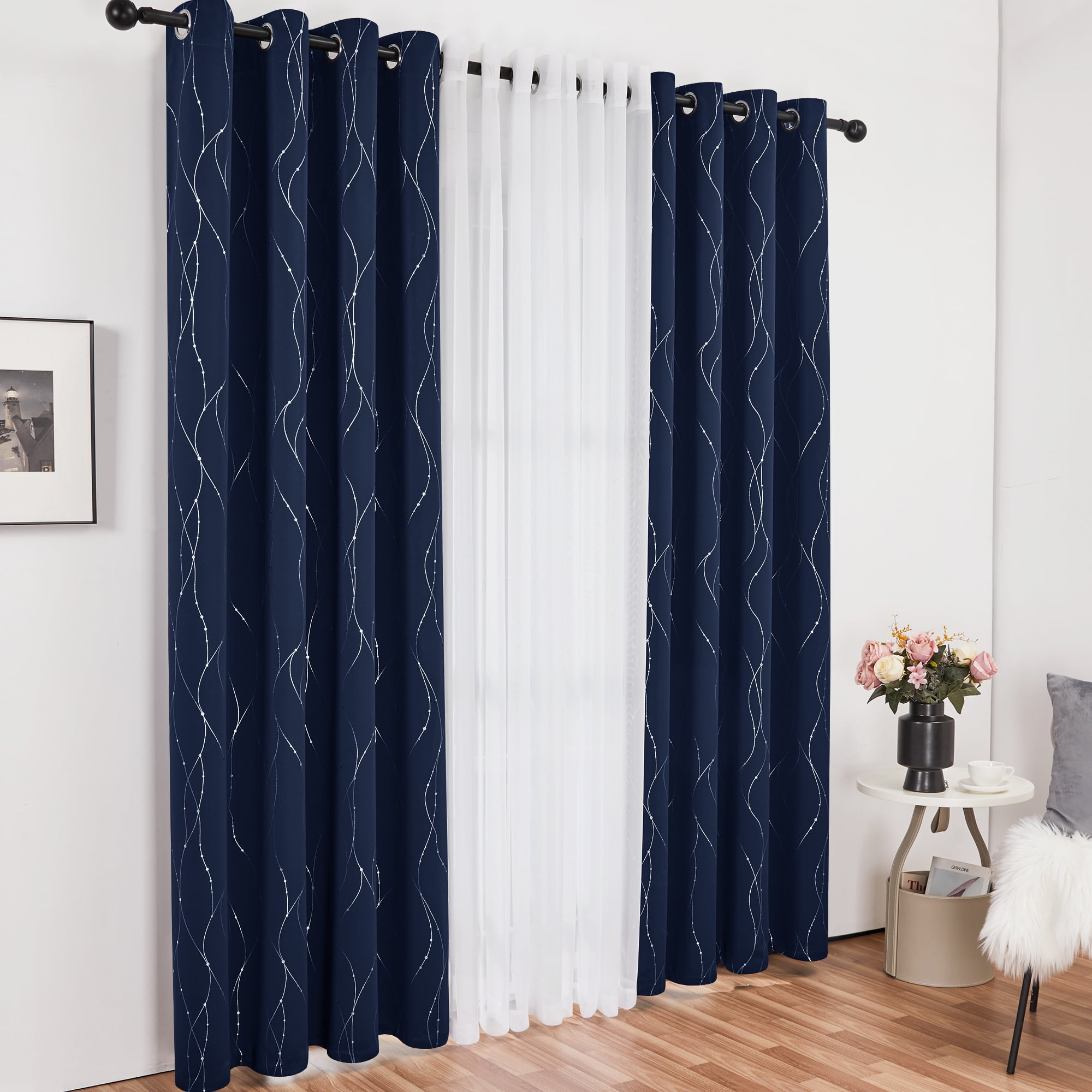 Deconovo 52"x72" Grommet Blackout and Sheer Curtains Set for Bedroom, Navy Blue/White, 4 Pcs, Adult