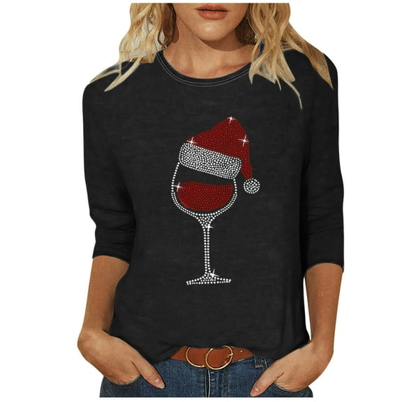 QQAMB Christmas Shirts for Women Sparkly Rhinestone Wine Glass Graphic T-shirt Loose Casual 3/4 Sleeve Holiday Tops Black M