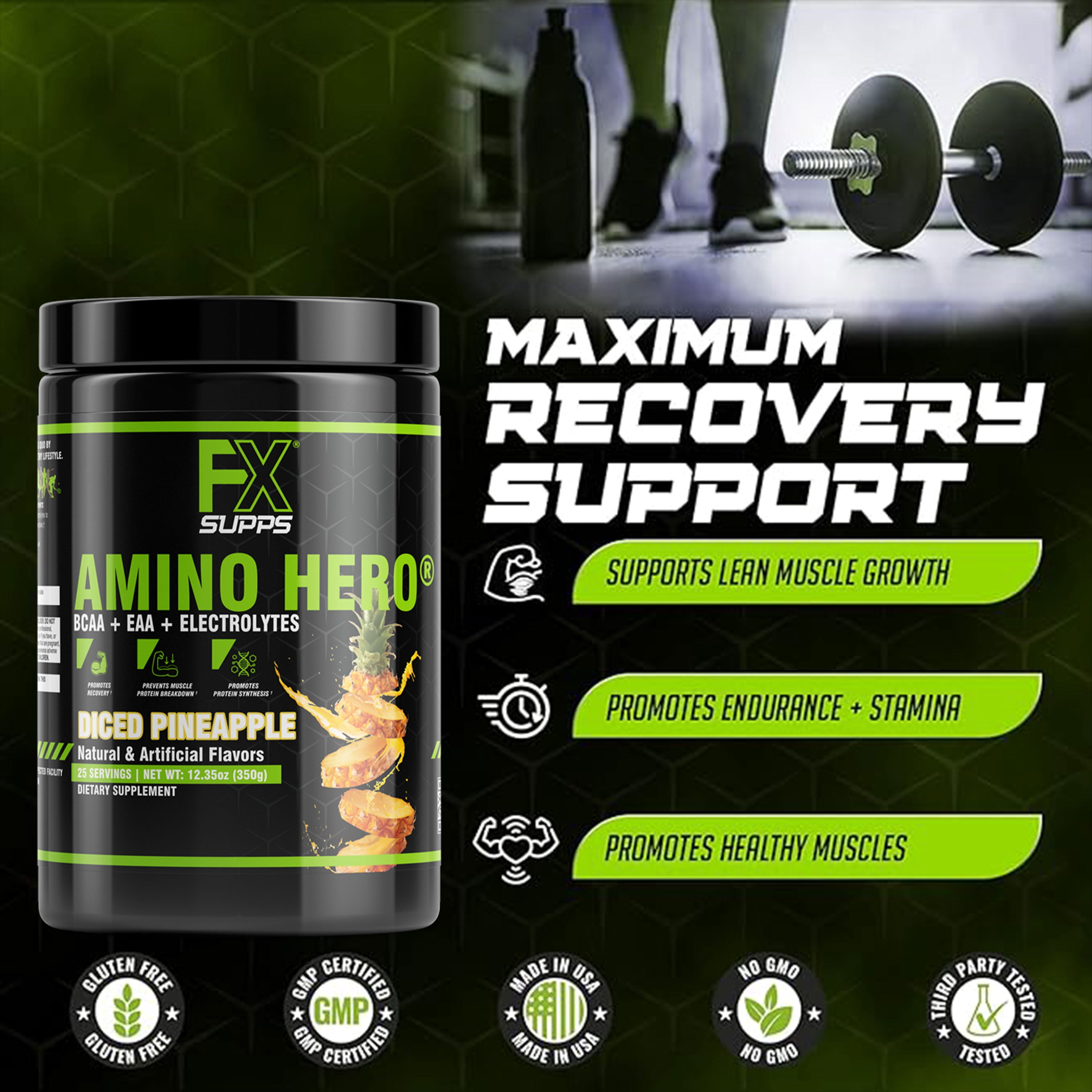 FX Supps Amino Hero BCAA Amino Acids Intra-Workout Powder, Diced Pineapple, 25 Servings